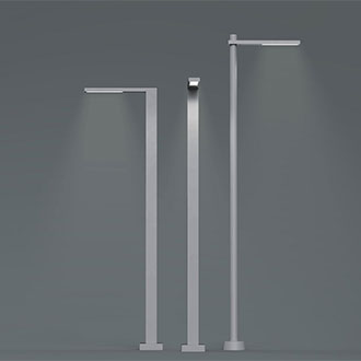 Three white Luminis Bellevue Slim luminaires mounted on a post and with a clamp