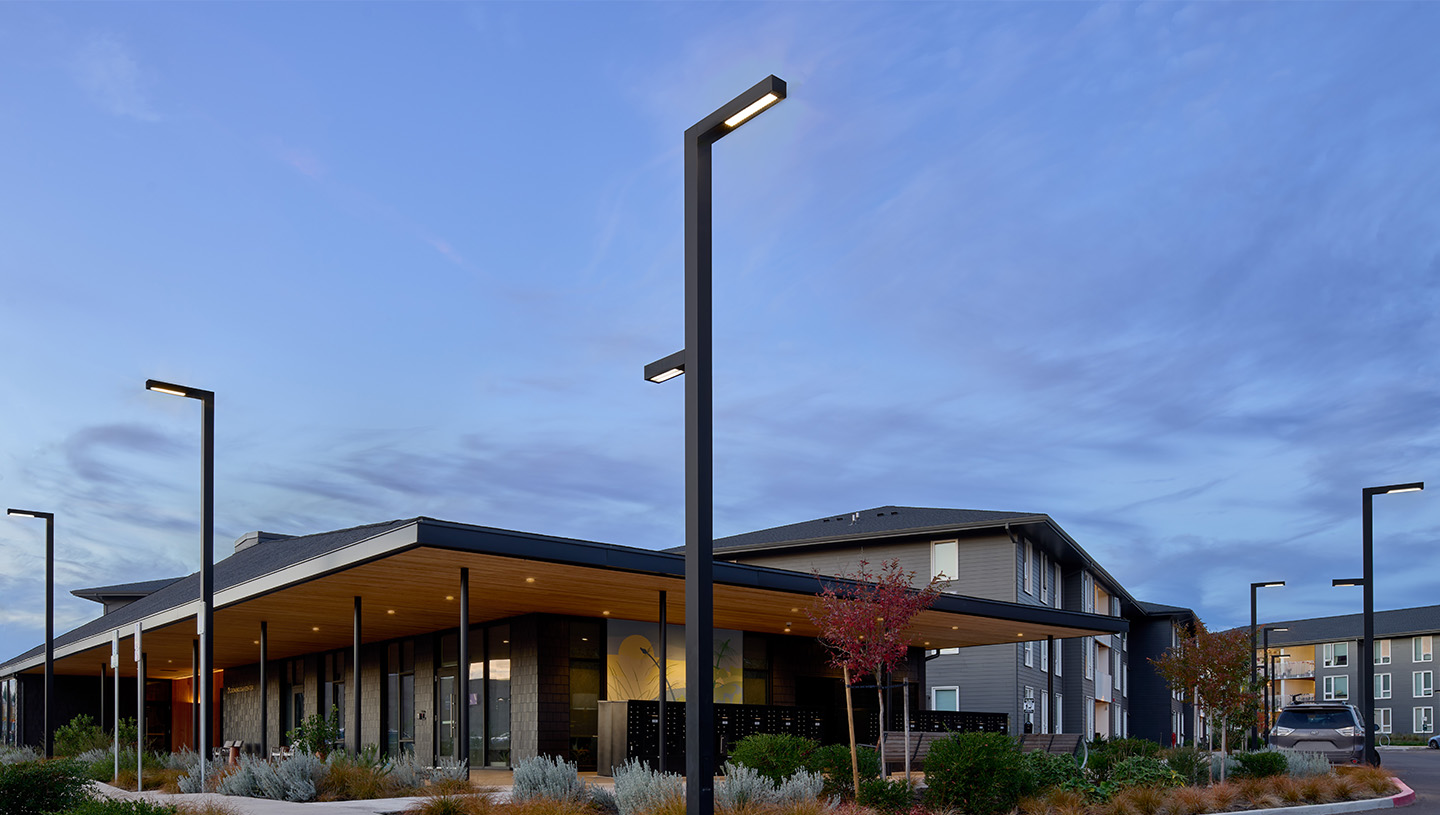 Luminis pole mount luminaires illuminate housing community 