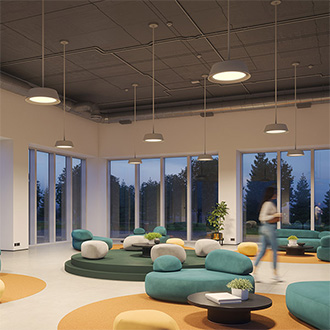 Clermont luminaires by Luminis in modern lobby