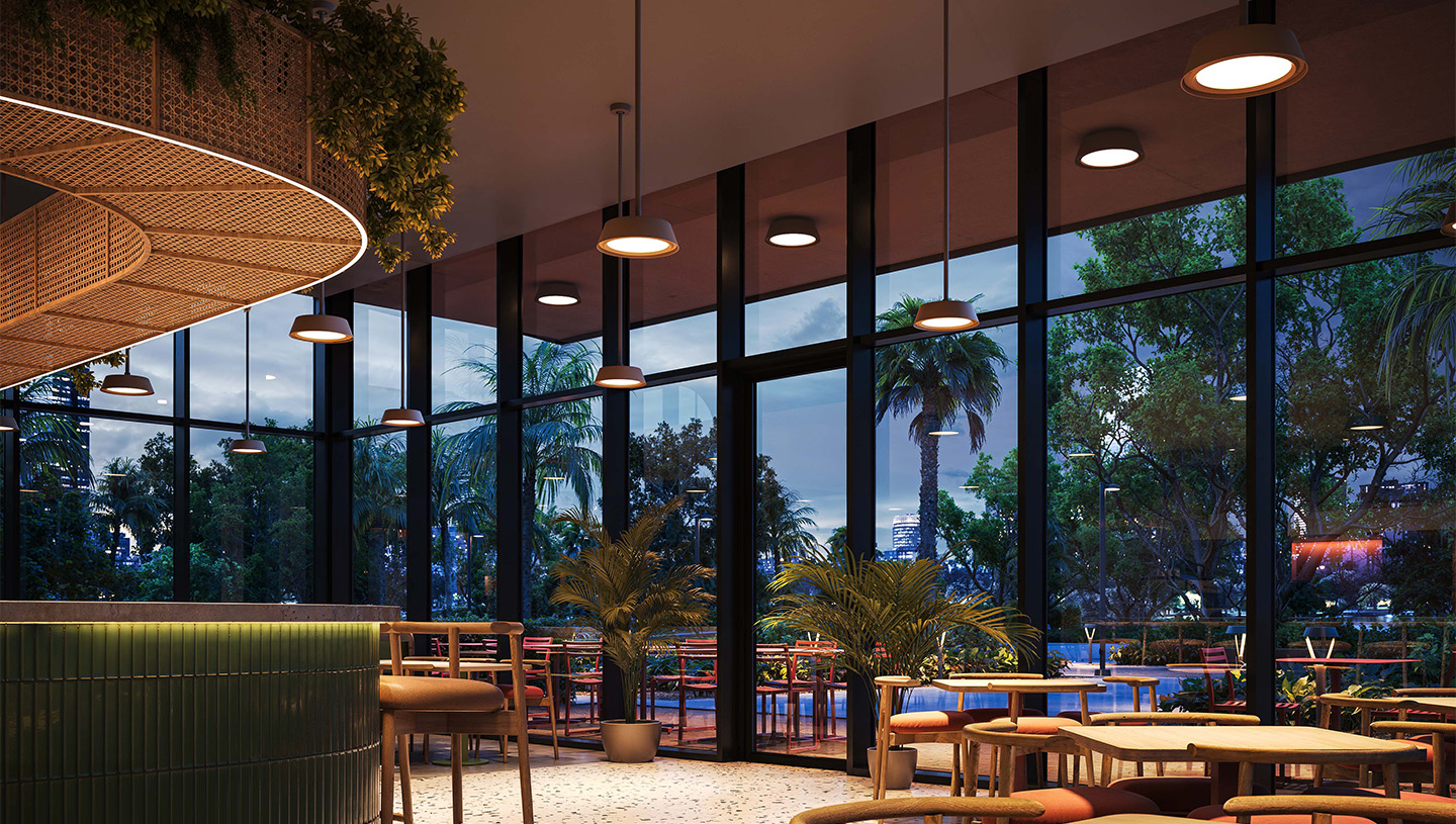 Luminis Clermont fixtures brighten a modern lobby area