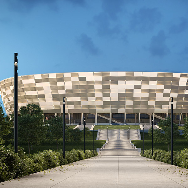 Inline luminaires light pathway and stairs outside stadium 