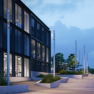 Inline columns bring illumination to plaza at dusk