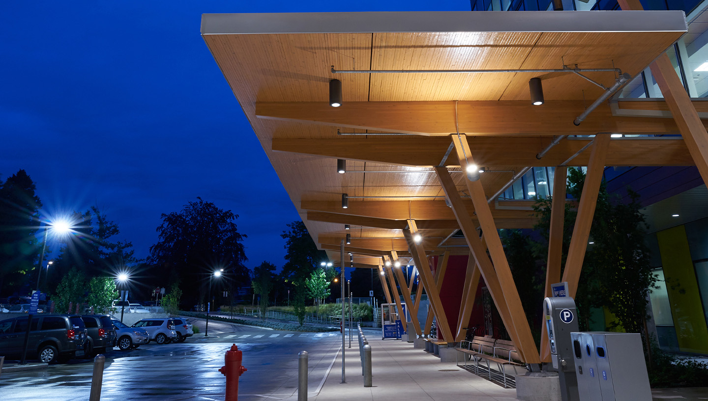 Syrios lights canopy entrance of care center