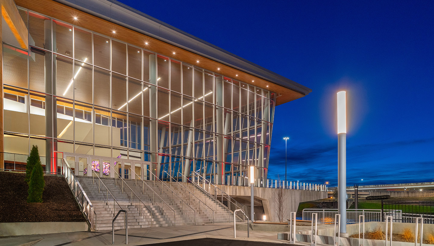 Charleston Convention Center exterior lit by Syrios