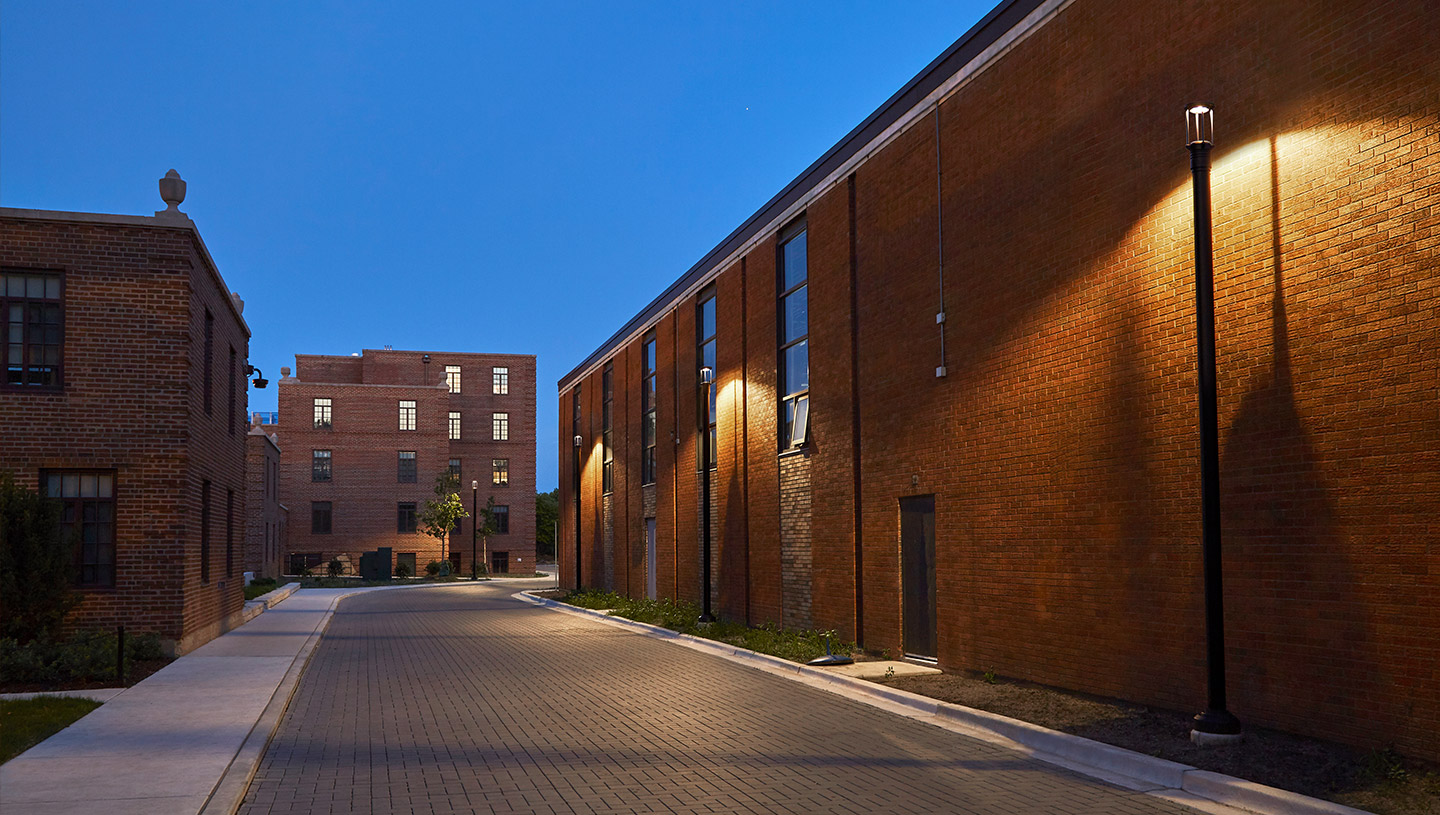 Street in residential complex lit by Eclipse fixtures