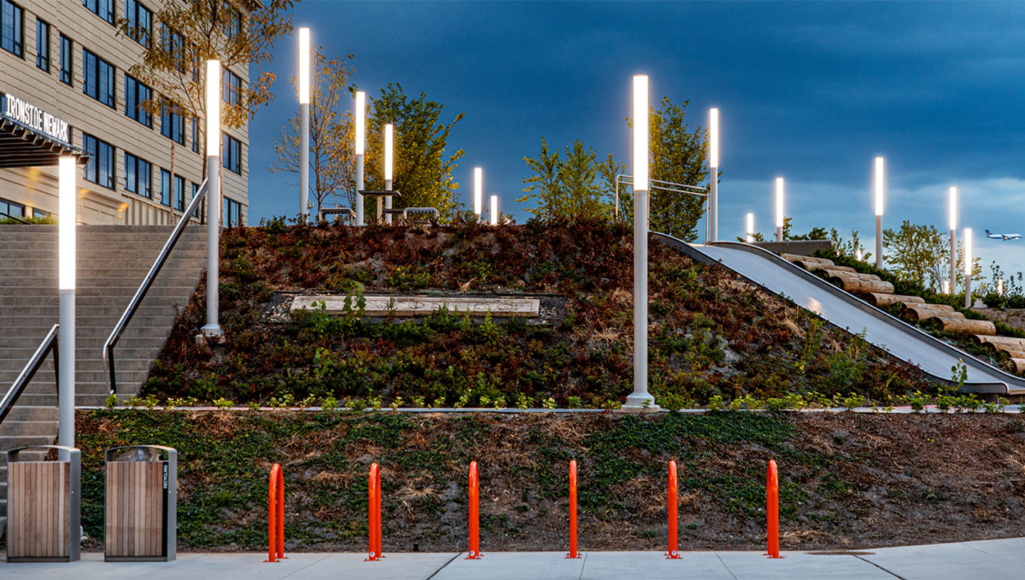 Lumistik fixtures light stairs at park at dusk