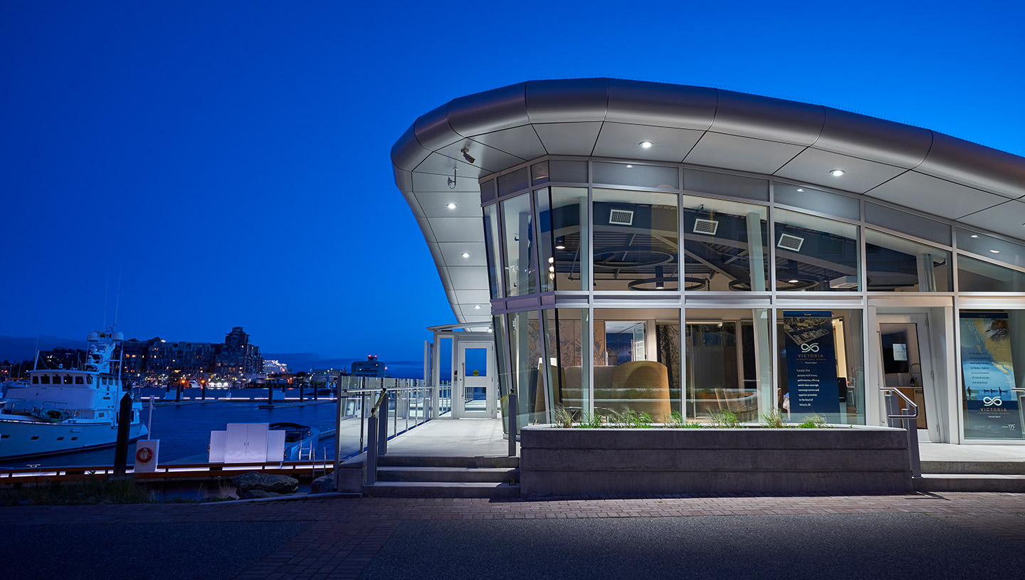 Oculus downlights illuminate marina exterior at night