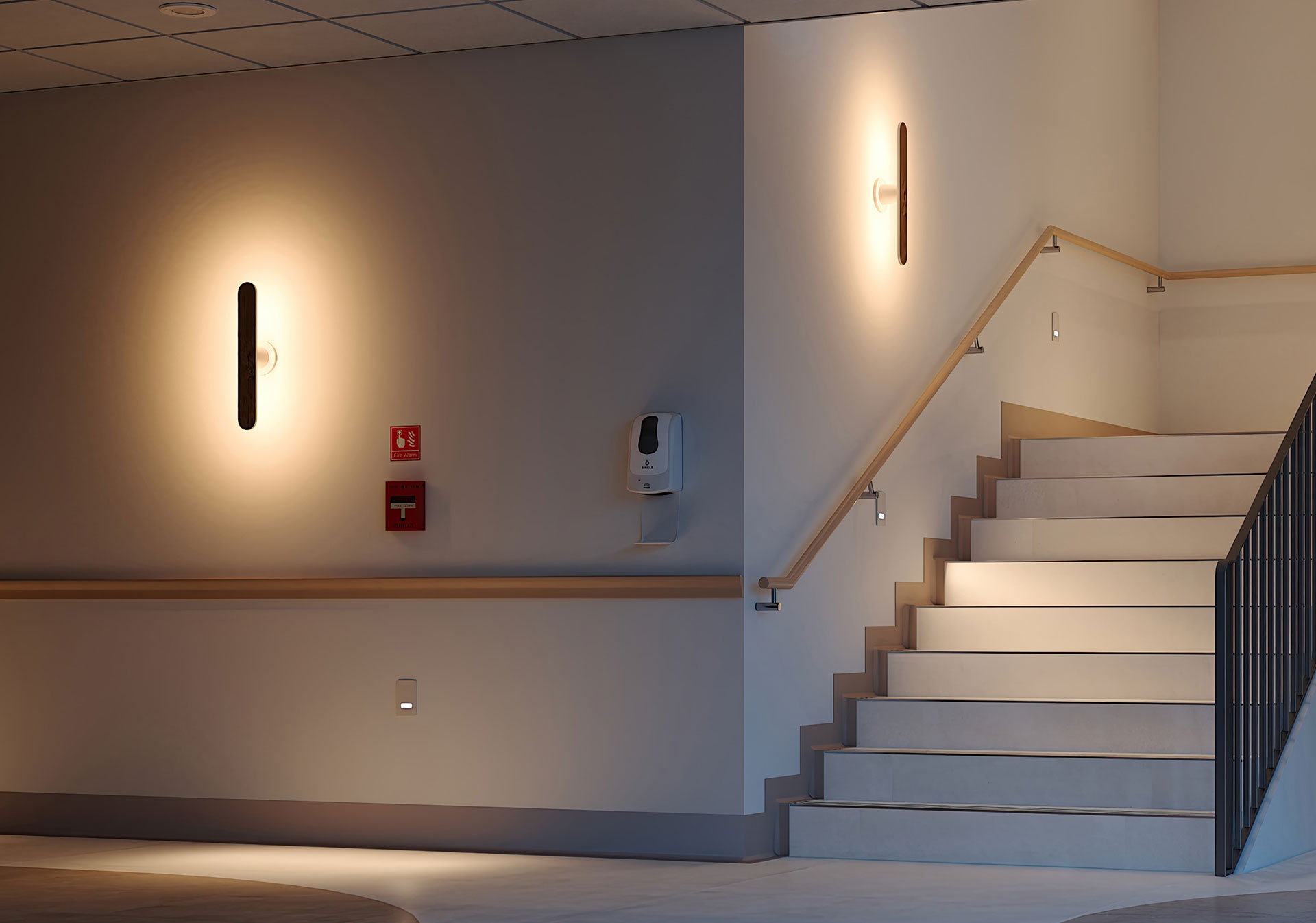 Stairway illuminated by Attend sconce from Nightingale