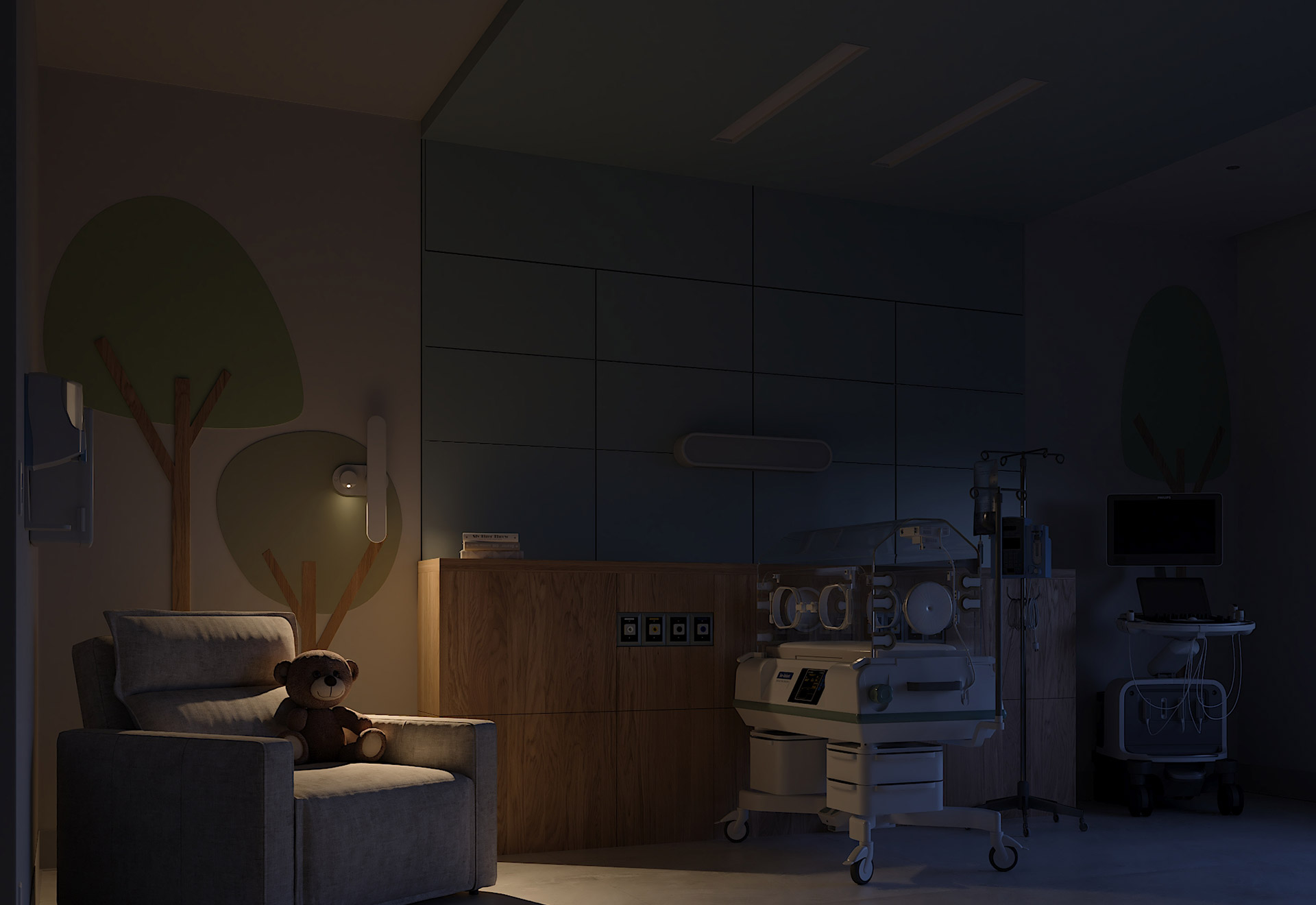 Neonatal care room illuminated by Attend sconce from Nightingale