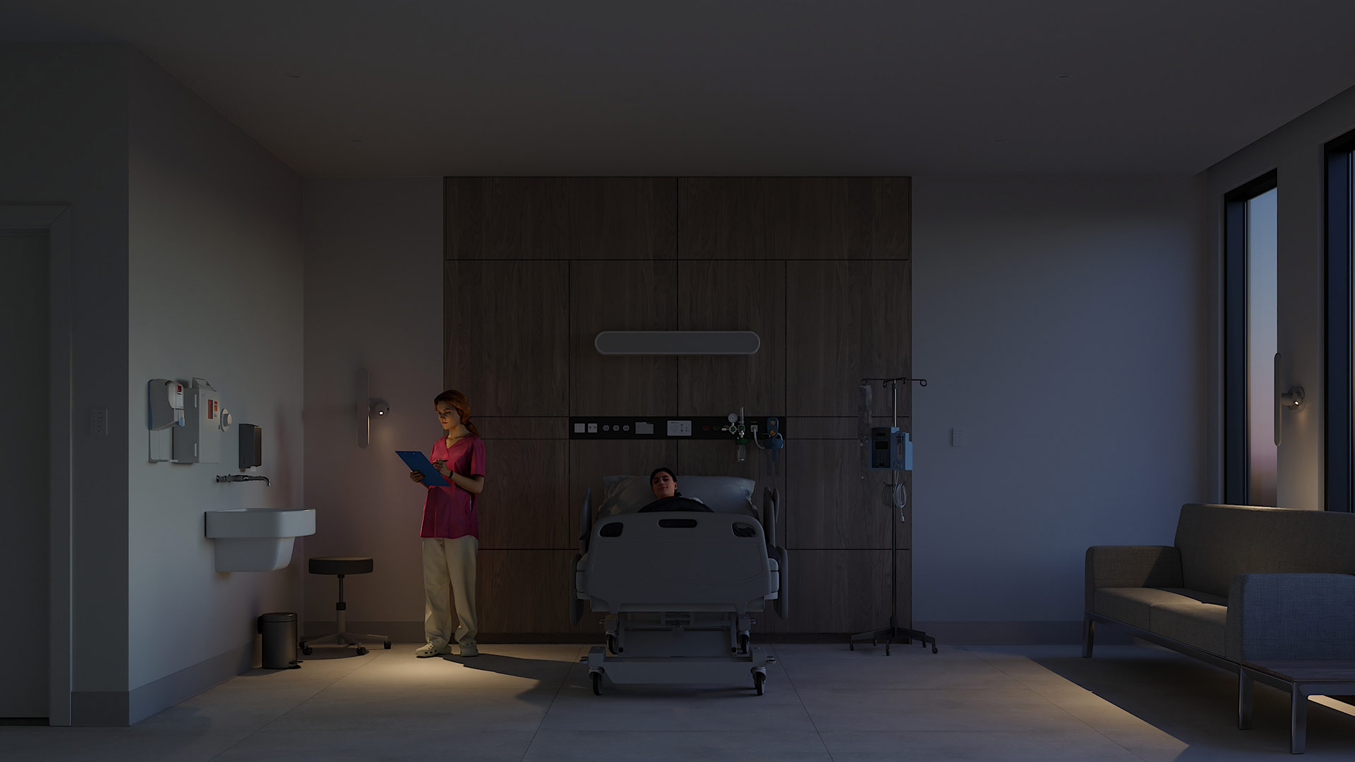 Nurse in healthcare recovery room illuminated by Attend sconce