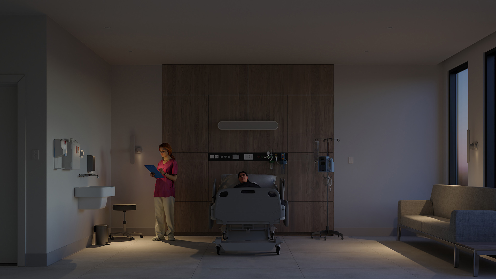 Nurse in healthcare recovery room illuminated by Attend sconce