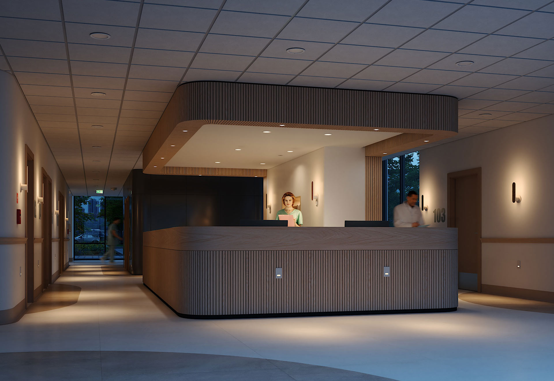 Nurses station illuminated by Attend sconce from Nightingale