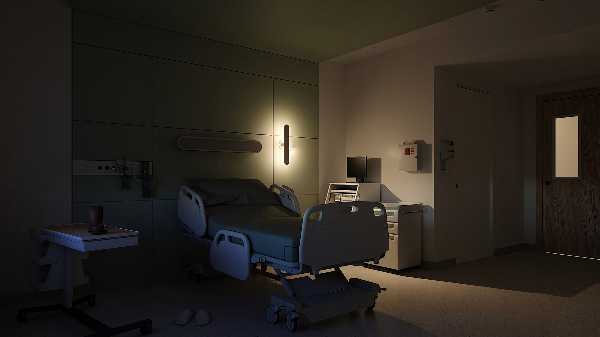 Healthcare facility recovery room illuminated by Attend sconce