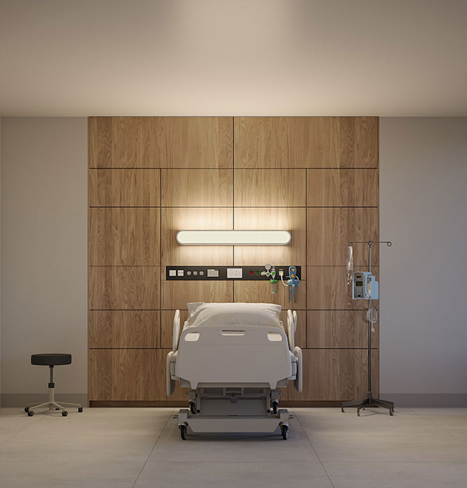 Respond™ headwall lighting from Nightingale illuminates patient room