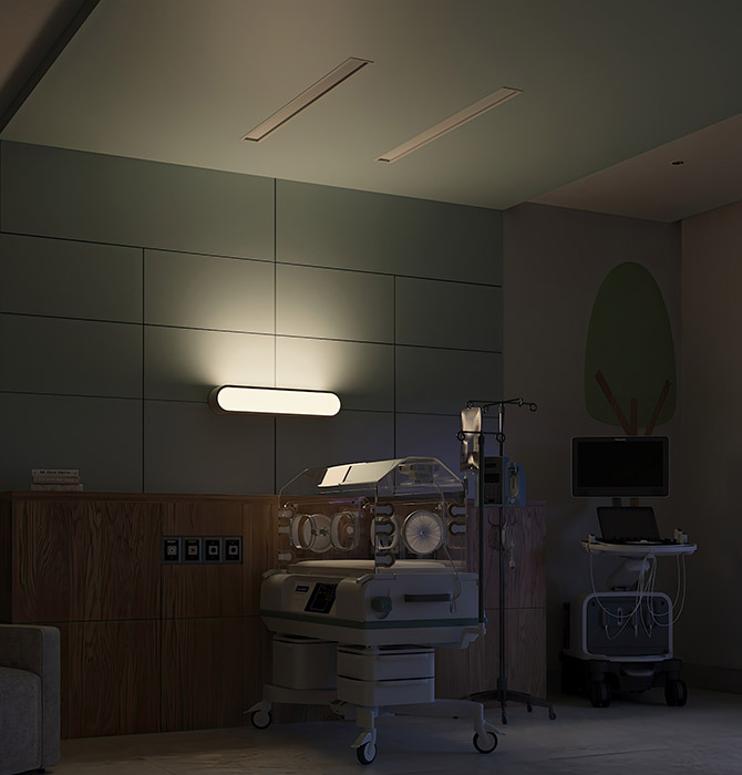Nightingale’s Respond™ headwall ambient lighting illuminates neonatal room