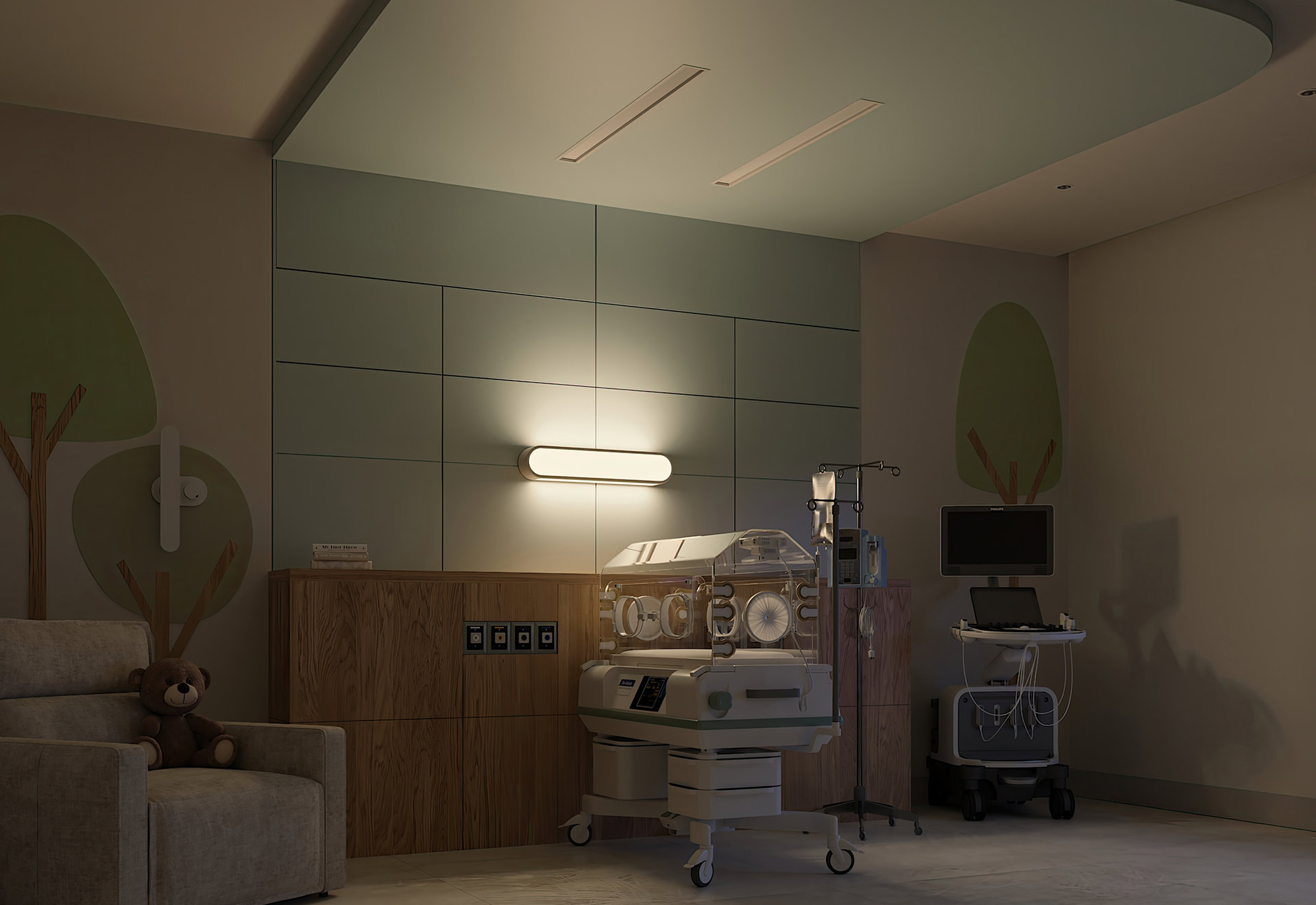 Neonatal care room illuminated by Respond™ headwall from Nightingale