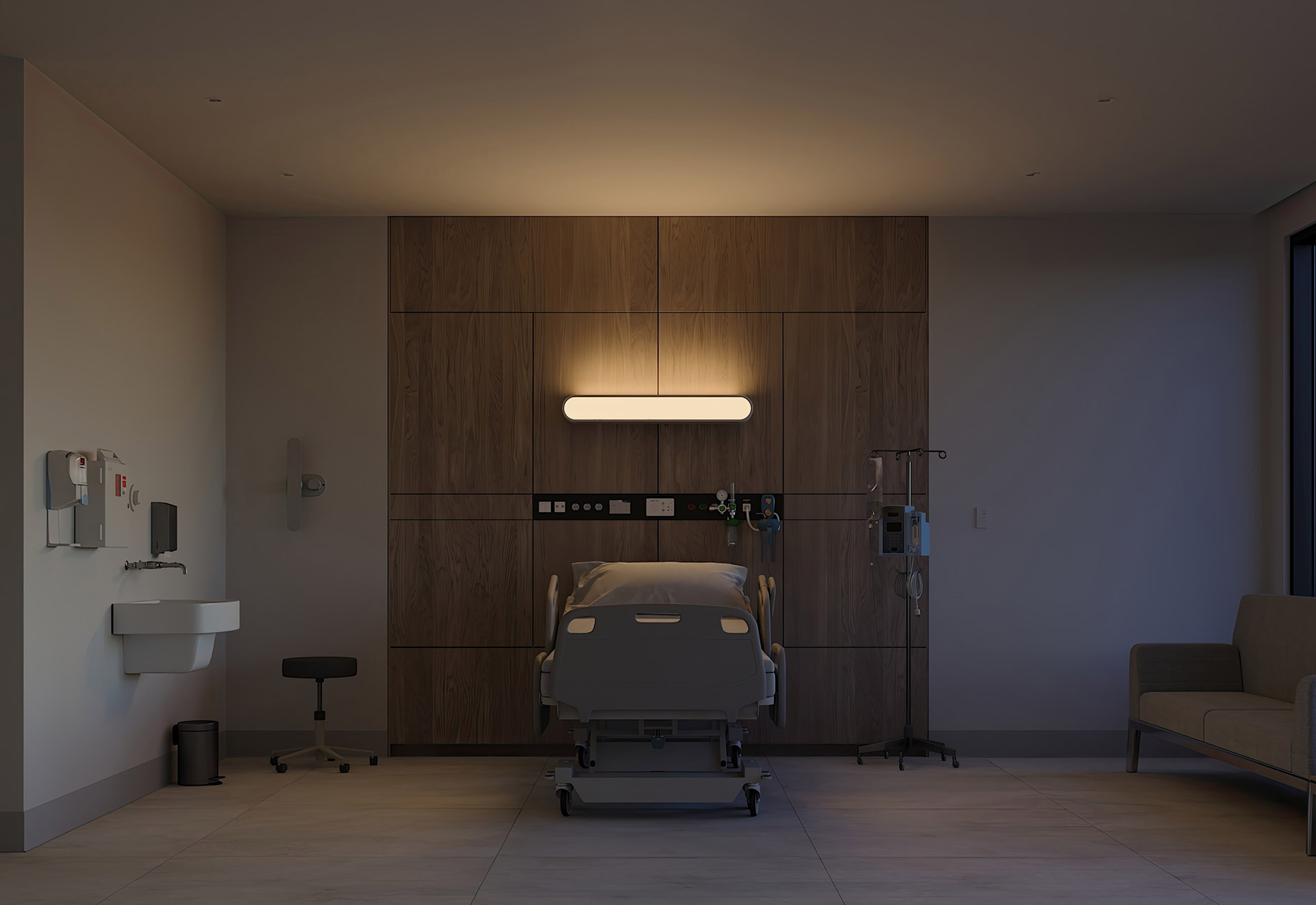 Patient room illuminated by Respond™ headwall from Nightingale