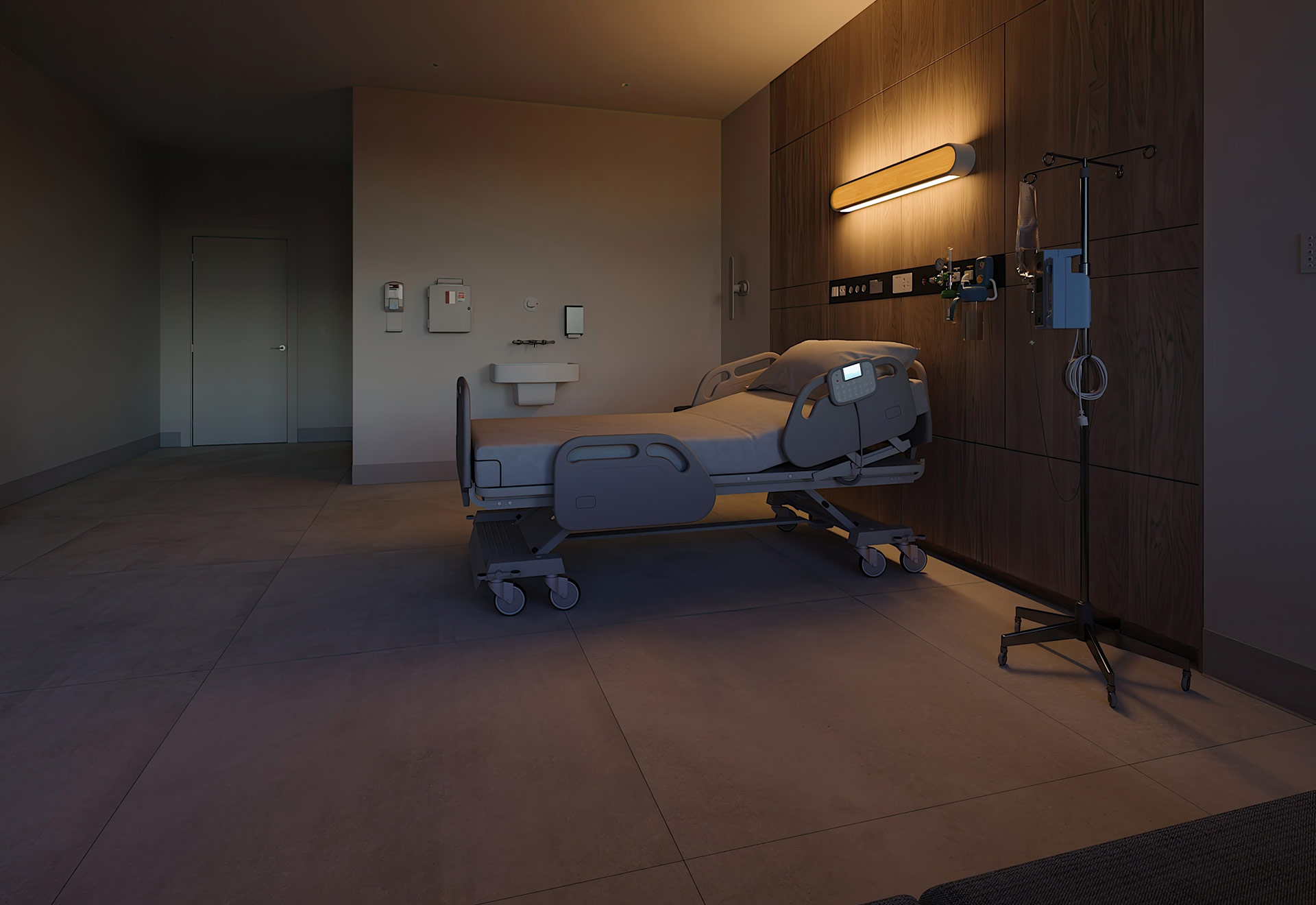 Patient room lit for reading by Respond™ headwall from Nightingale