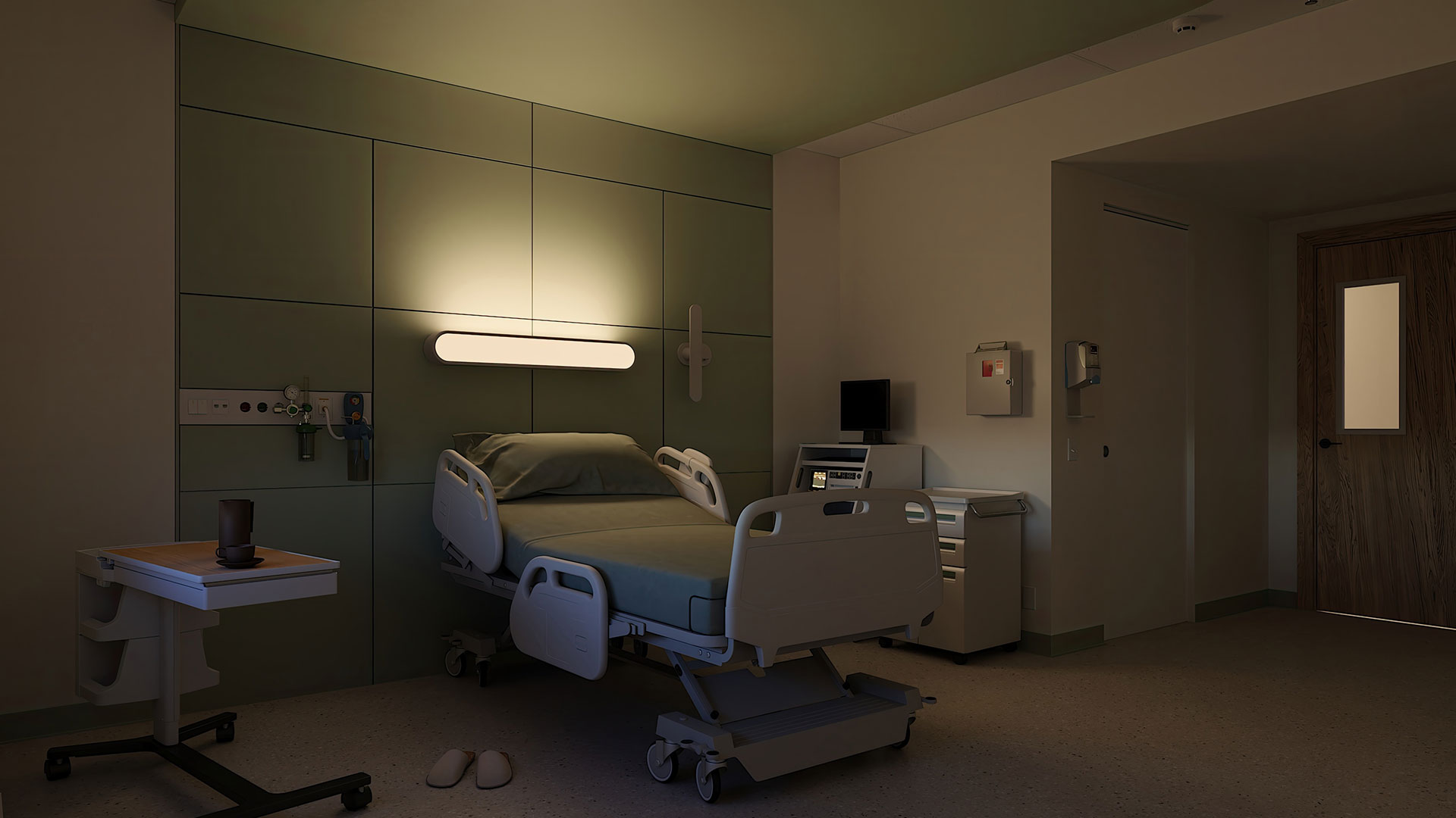 Healthcare facility recovery room illuminated by Respond™ headwall lighting