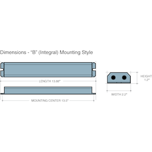 Dimensions - B Mounting Style - Length: 13.88in, Width: 2.2in, Height: 1.2in, Mounting Center 1.35in