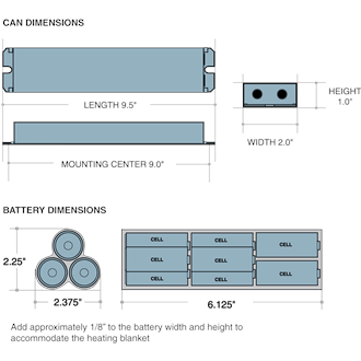 Dimensions - ILB3020 CW - Length: 9.5in, Width: 2in, Height: 1in, Battery Length: 6.125in, Battery Width: 2.25in, Battery Height: 2.375in, Add aproximately 1/8in to battery width and height to accommodate the heating blanket.
