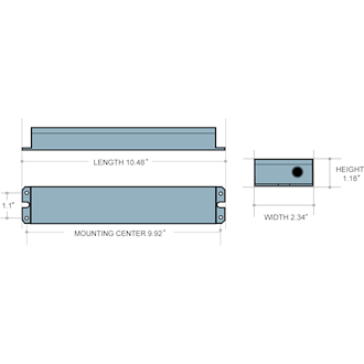 Dimensions - ILBLP CP10 HE SD - Length: 10.48 in., Mounting Center: 9.92 in., Width: 2.34 in., Height: 1.18 in.