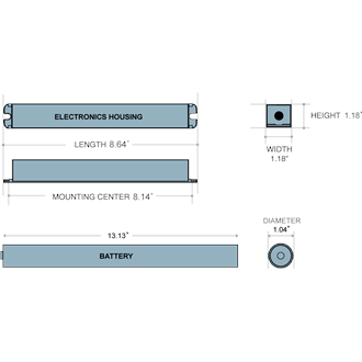ILBLP CP10 HE SD LC Dimensions, Electronics Housing - Length: 8.64 in., Width: 1.18 in., Height: 1.18 in., Mounting Center: 8.14 in.; Battery - Length: 13.13 in., Diameter: 1.04 in.