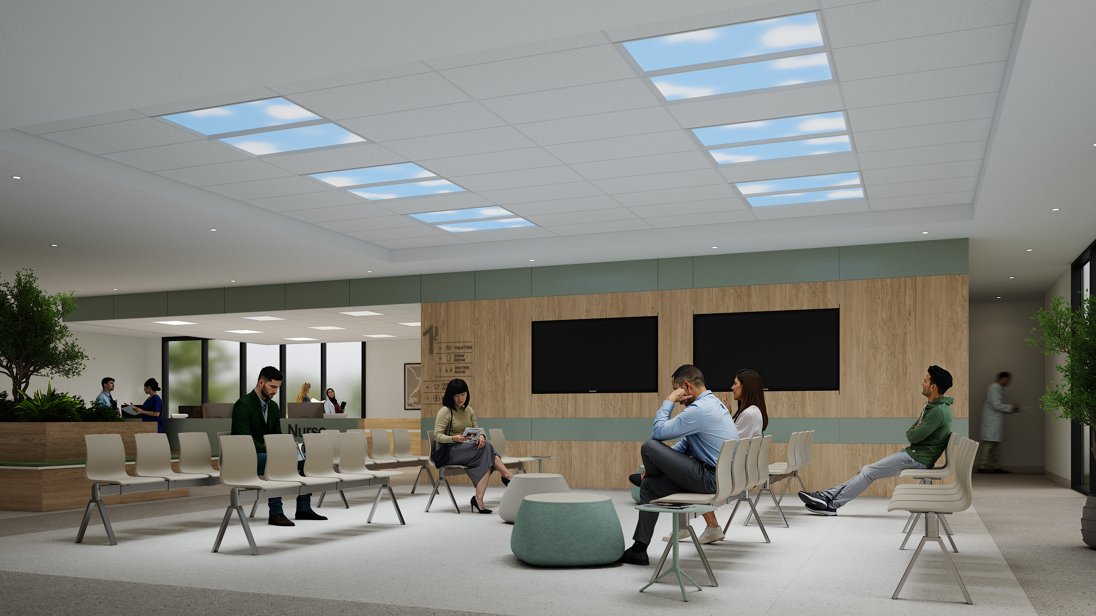 Cloud fixtures in healthcare waiting area