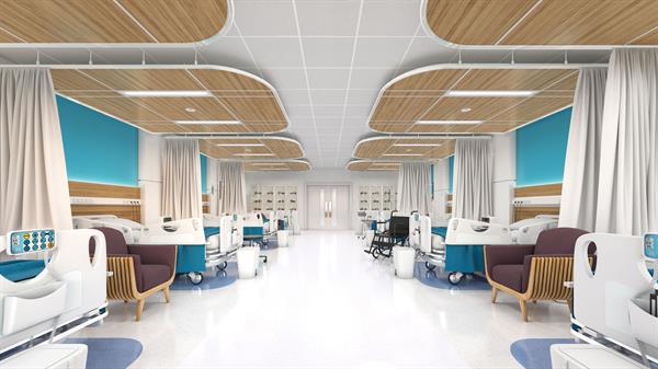 HPL 4ft in clouds over patient beds in ward
